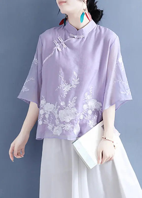 Chinese Style Purple Stand Collar Embroideried Button Silk Linen Shirt Bracelet Sleeve Ada Fashion