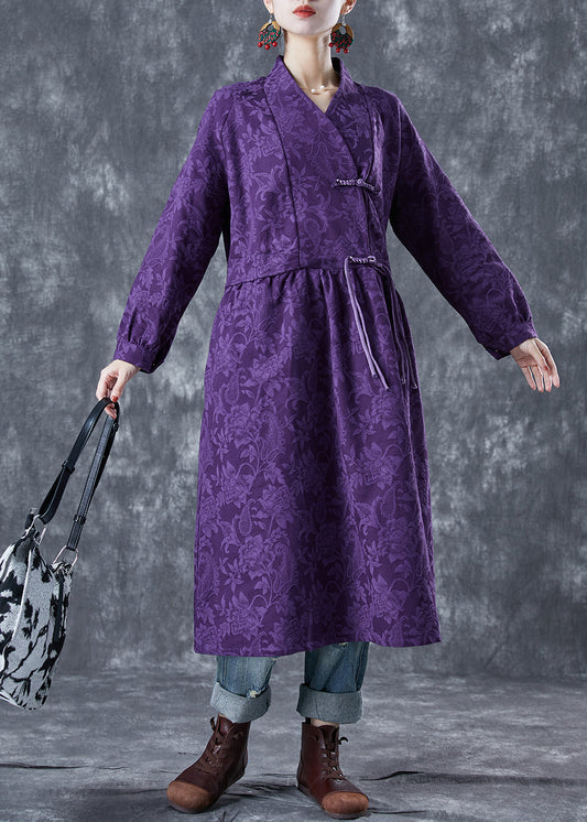 Chinese Style Purple Stand Collar Jacquard Linen Maxi Dresses Spring LY5604 - fabuloryshop