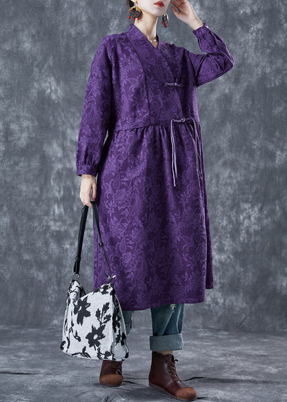 Chinese Style Purple Stand Collar Jacquard Linen Maxi Dresses Spring LY5604 - fabuloryshop