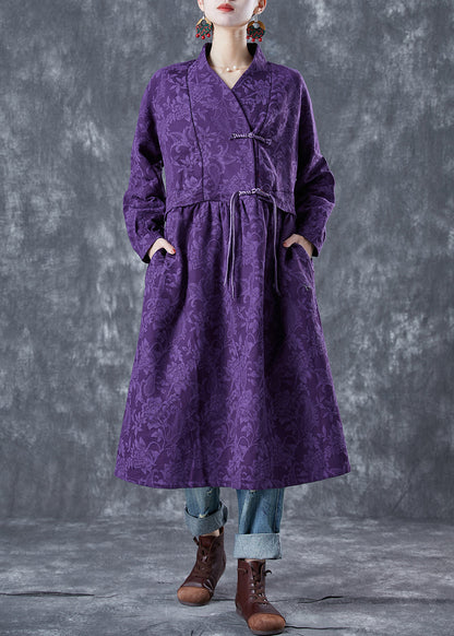 Chinese Style Purple Stand Collar Jacquard Linen Maxi Dresses Spring LY5604 - fabuloryshop