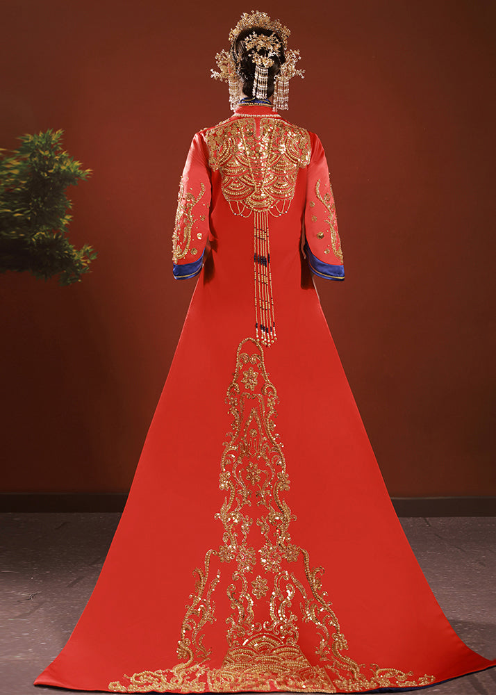 Chinese Style Red Embroideried Nail Bead Patchwork Silk Maxi Dresses Fall Ada Fashion