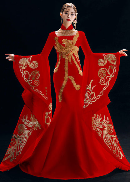 Chinese Style Red Embroideried Patchwork Silk Dresses Long Sleeve Ada Fashion