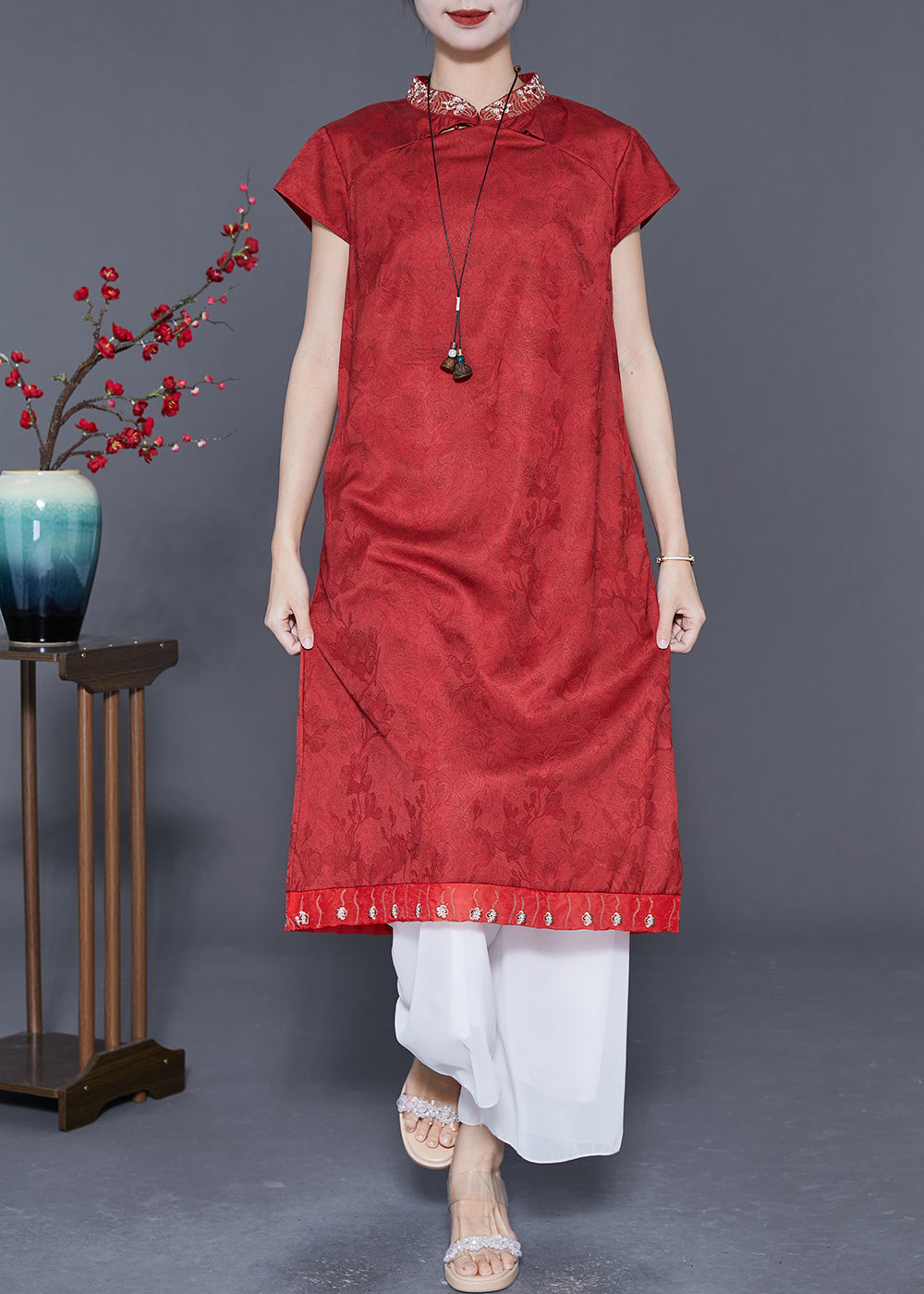 Chinese Style Red Embroideried Patchwork Silk Long Dress Summer LY5557 - fabuloryshop