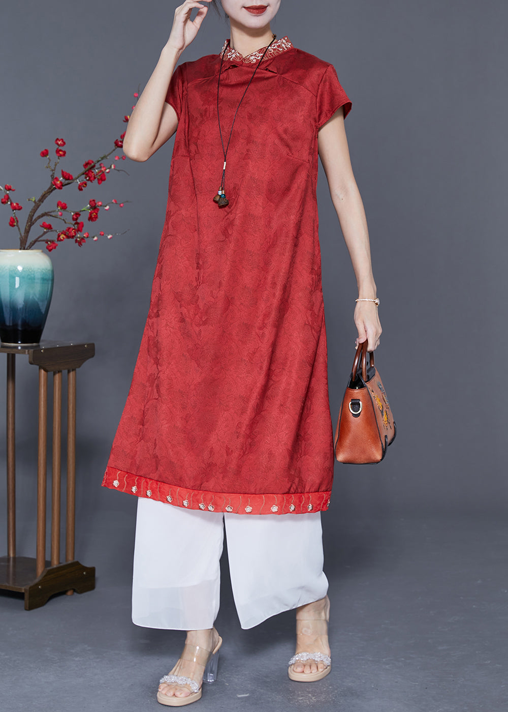 Chinese Style Red Embroideried Patchwork Silk Long Dress Summer LY5557 - fabuloryshop