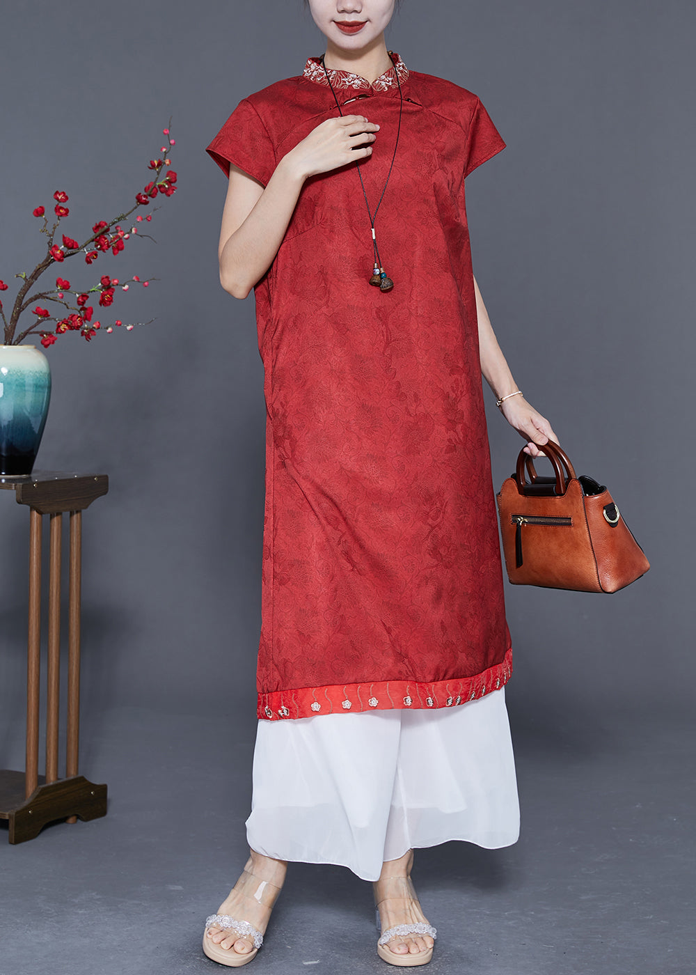 Chinese Style Red Embroideried Patchwork Silk Long Dress Summer LY5557 - fabuloryshop