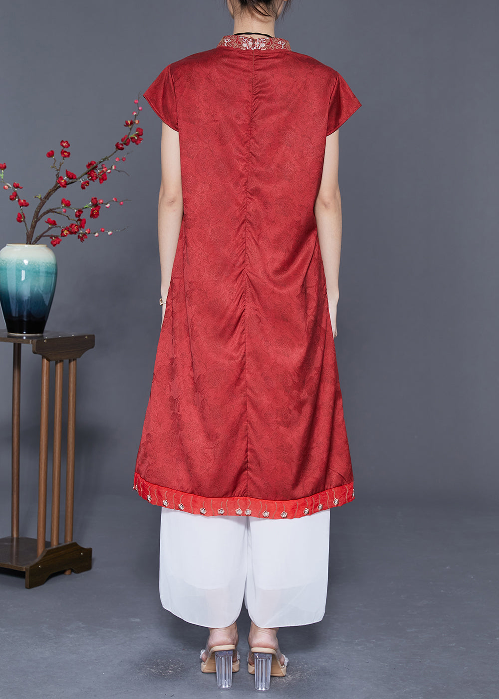 Chinese Style Red Embroideried Patchwork Silk Long Dress Summer LY5557 - fabuloryshop