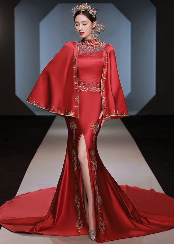 Chinese Style Red Embroideried Side Open Patchwork Silk Two-Piece Set Fall Ada Fashion