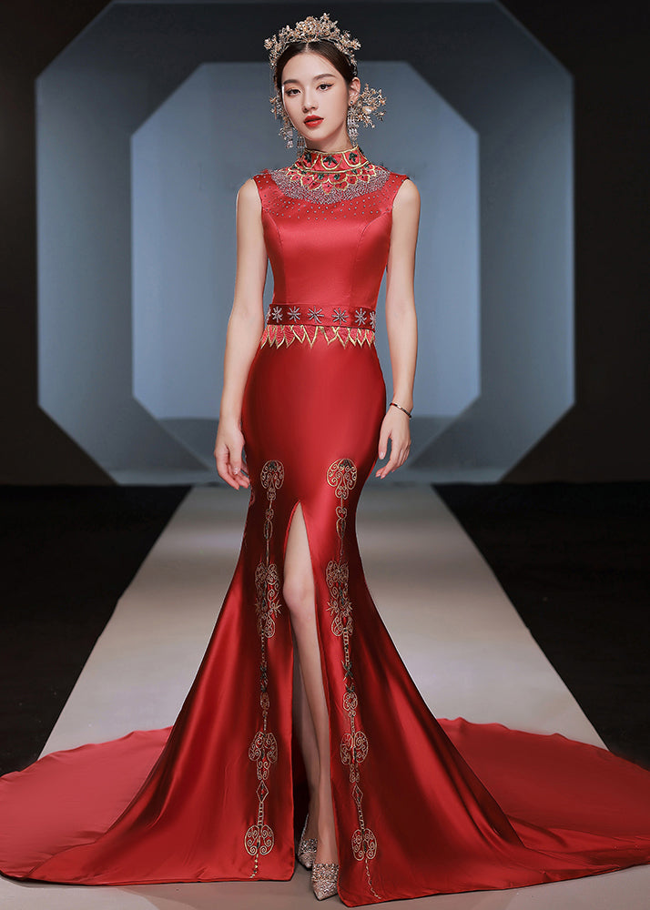 Chinese Style Red Embroideried Side Open Patchwork Silk Two-Piece Set Fall Ada Fashion