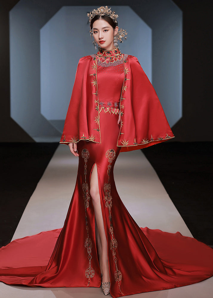 Chinese Style Red Embroideried Side Open Patchwork Silk Two-Piece Set Fall Ada Fashion