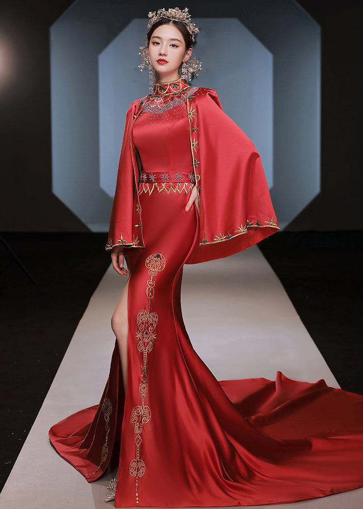 Chinese Style Red Embroideried Side Open Patchwork Silk Two-Piece Set Fall Ada Fashion