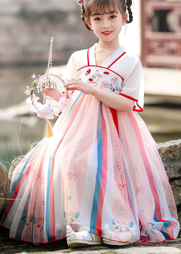 Chinese Style Red Embroideried Wrinkled Patchwork Chiffon Kids Girls Dresses Summer Ada Fashion