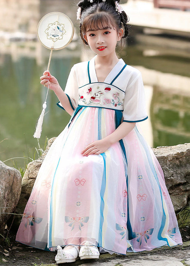 Chinese Style Red Embroideried Wrinkled Patchwork Chiffon Kids Girls Dresses Summer Ada Fashion