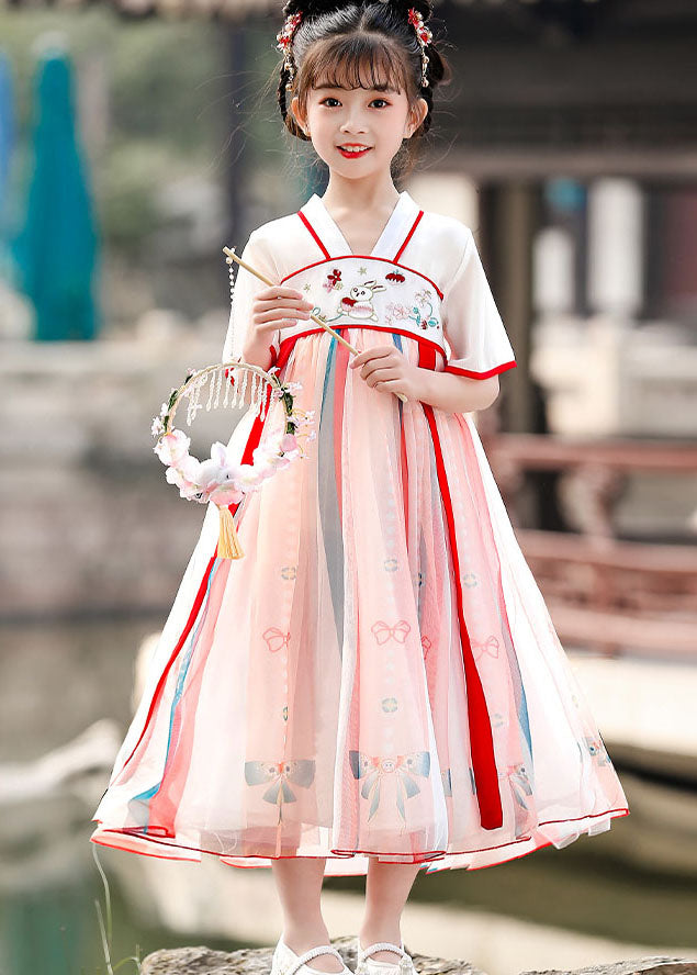 Chinese Style Red Embroideried Wrinkled Patchwork Chiffon Kids Girls Dresses Summer Ada Fashion