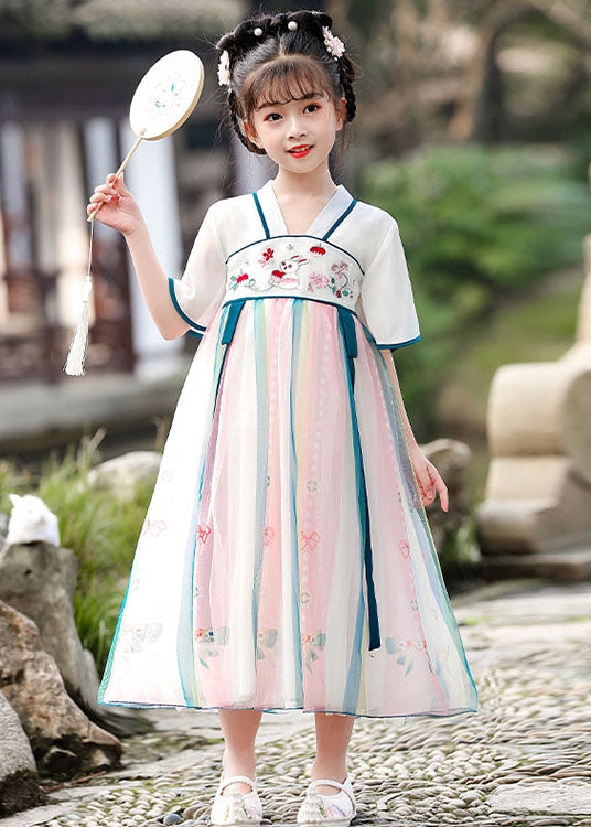 Chinese Style Red Embroideried Wrinkled Patchwork Chiffon Kids Girls Dresses Summer Ada Fashion