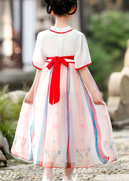 Chinese Style Red Embroideried Wrinkled Patchwork Chiffon Kids Girls Dresses Summer Ada Fashion