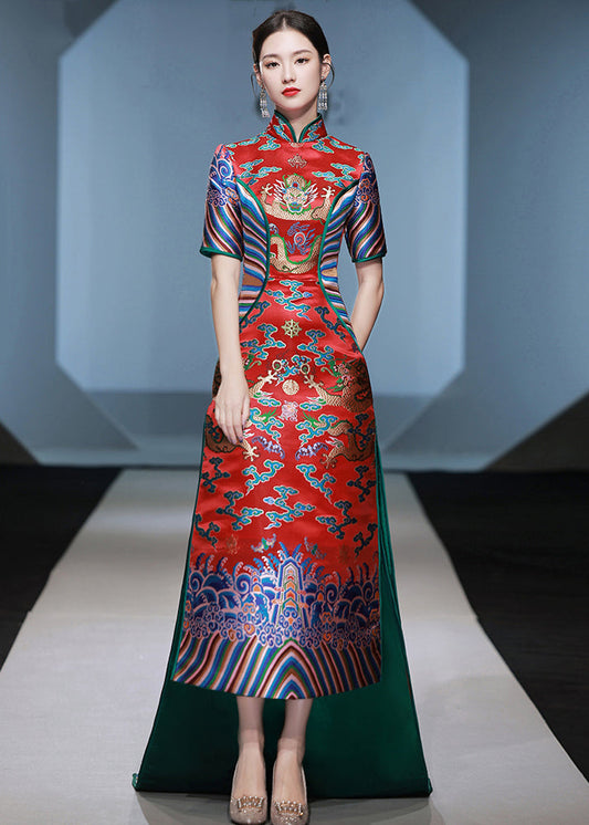 Chinese Style Red Stand Collar Embroideried Patchwork Silk Maxi Dresses Summer Ada Fashion