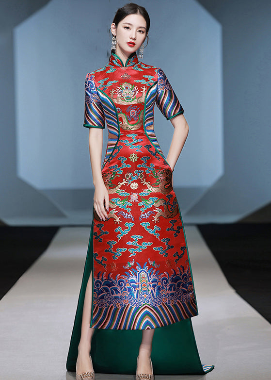 Chinese Style Red Stand Collar Embroideried Patchwork Silk Maxi Dresses Summer Ada Fashion