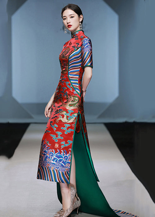 Chinese Style Red Stand Collar Embroideried Patchwork Silk Maxi Dresses Summer Ada Fashion