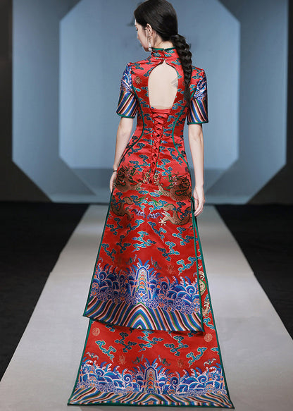 Chinese Style Red Stand Collar Embroideried Patchwork Silk Maxi Dresses Summer Ada Fashion