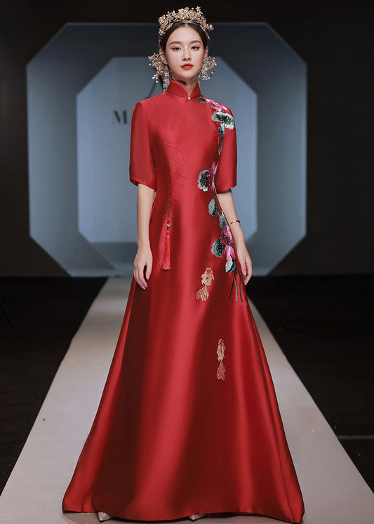 Chinese Style Red Stand Collar Embroideried Silk Dresses Half Sleeve Ada Fashion