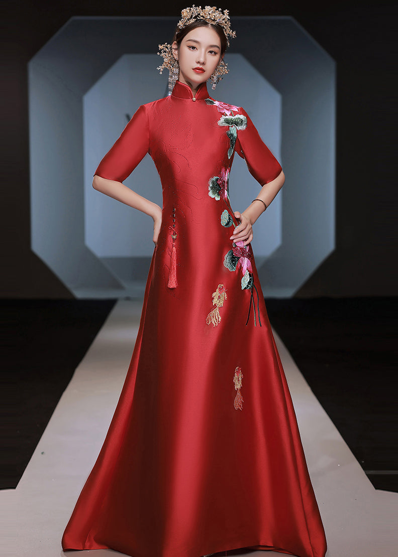 Chinese Style Red Stand Collar Embroideried Silk Dresses Half Sleeve Ada Fashion