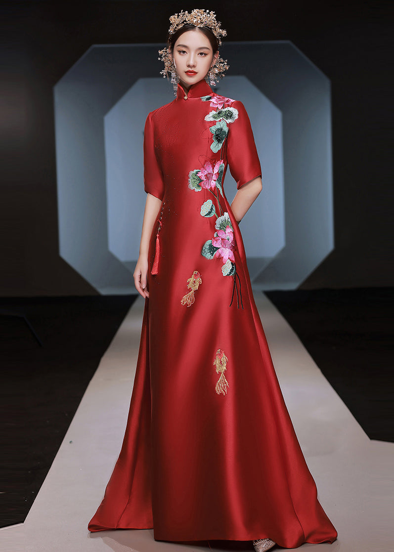 Chinese Style Red Stand Collar Embroideried Silk Dresses Half Sleeve Ada Fashion