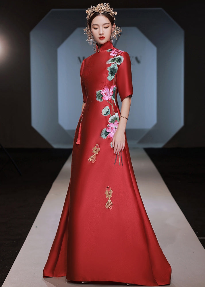 Chinese Style Red Stand Collar Embroideried Silk Dresses Half Sleeve Ada Fashion