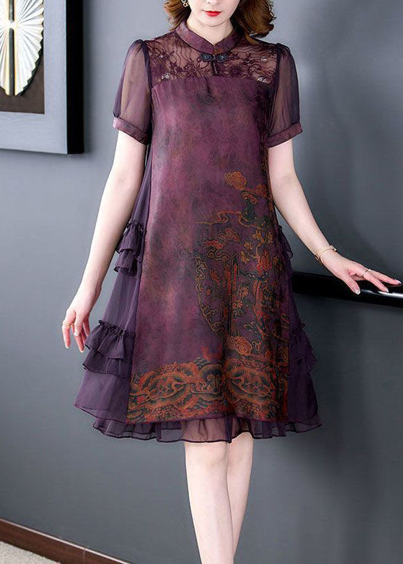 Chinese Style Red Stand Collar Patchwork Ruffles Silk Dress Summer TH1009 - fabuloryshop