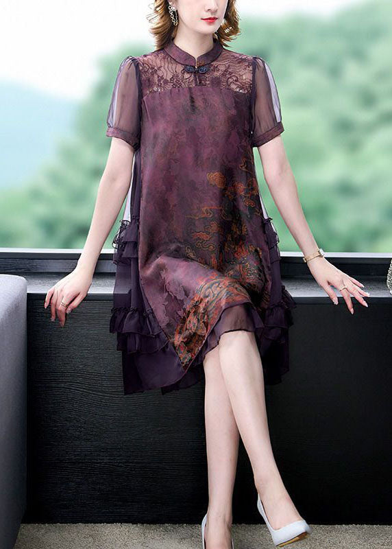 Chinese Style Red Stand Collar Patchwork Ruffles Silk Dress Summer TH1009 - fabuloryshop