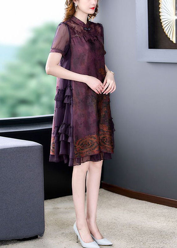 Chinese Style Red Stand Collar Patchwork Ruffles Silk Dress Summer TH1009 - fabuloryshop