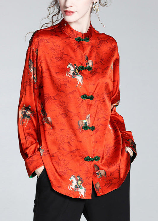 Chinese Style Red Stand Collar Print Button Silk Coats Spring LY1041 - fabuloryshop