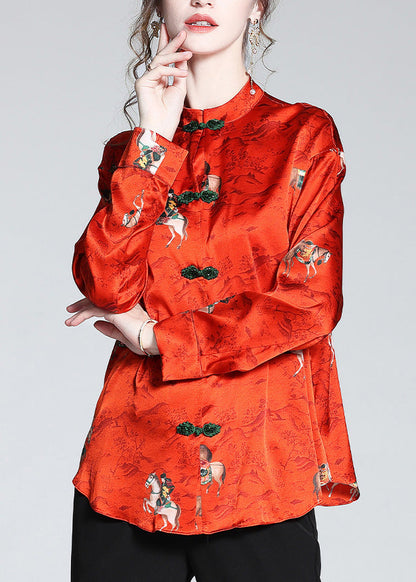 Chinese Style Red Stand Collar Print Button Silk Coats Spring LY1041 - fabuloryshop