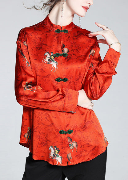 Chinese Style Red Stand Collar Print Button Silk Coats Spring LY1041 - fabuloryshop