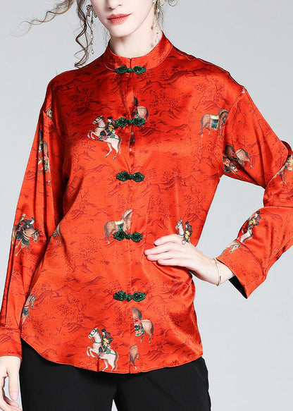 Chinese Style Red Stand Collar Print Button Silk Coats Spring LY1041 - fabuloryshop