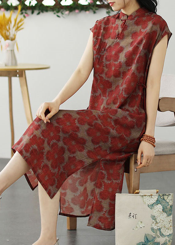 Chinese Style Red Stand Collar Print Patchwork Linen Dress Summer LY2545 - fabuloryshop