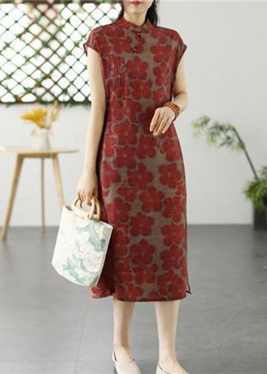 Chinese Style Red Stand Collar Print Patchwork Linen Dress Summer LY2545 - fabuloryshop