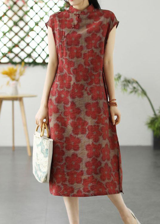 Chinese Style Red Stand Collar Print Patchwork Linen Dress Summer LY2545 - fabuloryshop