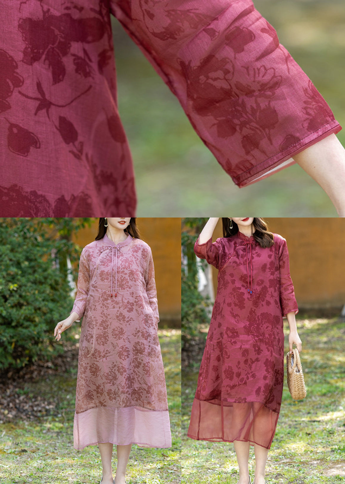 Chinese Style Red Stand Collar Print Ramie Long Dress Spring LY2928