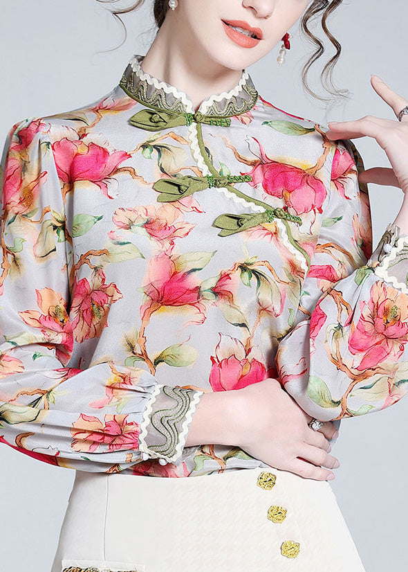 Chinese Style Stand Collar Print Button Silk Tops Long  LY0707 - fabuloryshop