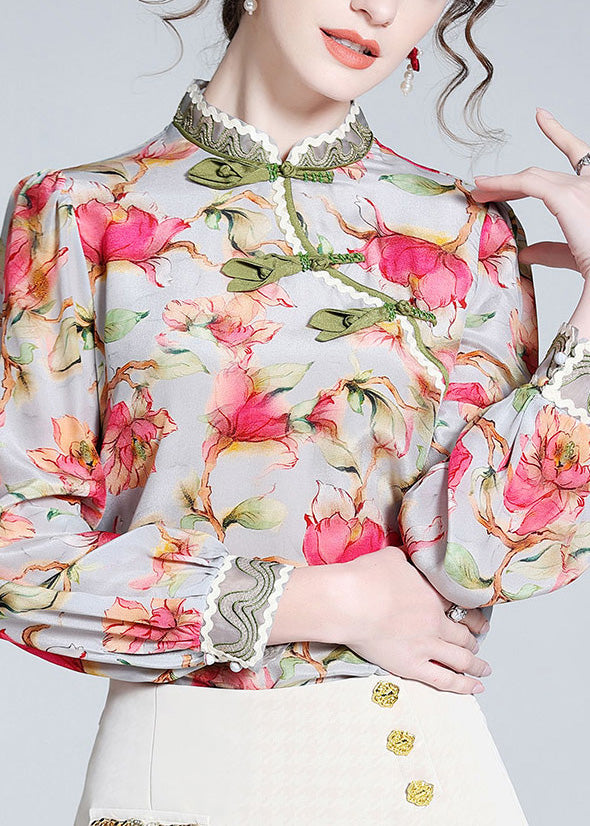 Chinese Style Stand Collar Print Button Silk Tops Long Sleeve AC3013 - fabuloryshop