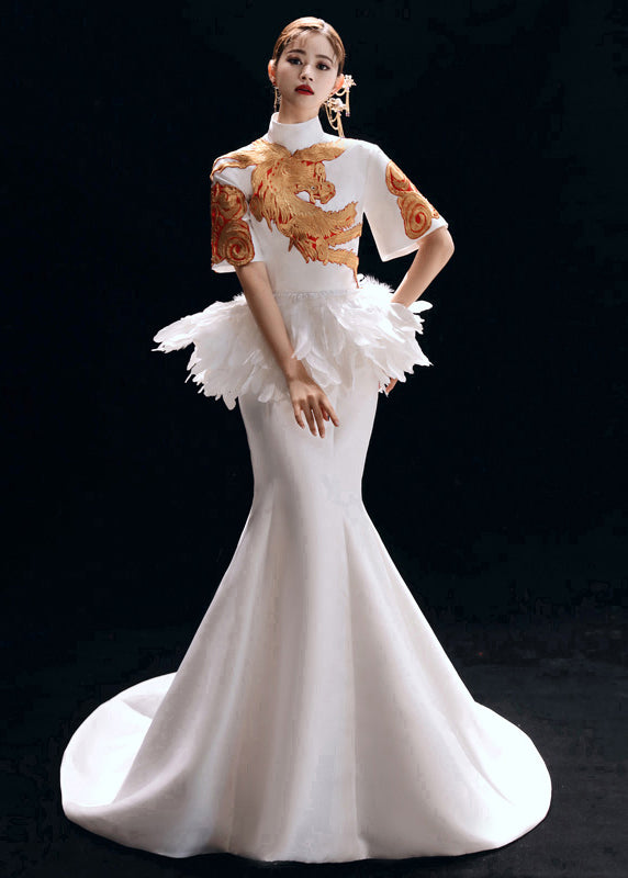 Chinese Style White Backless Feather Patchwork Silk Fishtail Dresses Summer Ada Fashion