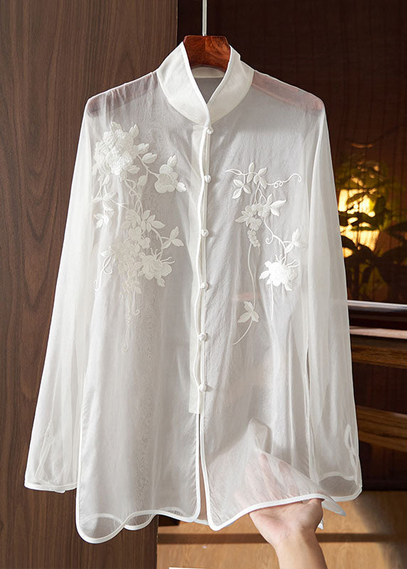 Chinese Style White Embroideried Button Patchwork Tulle Shirt Tops Long Sleeve Ada Fashion