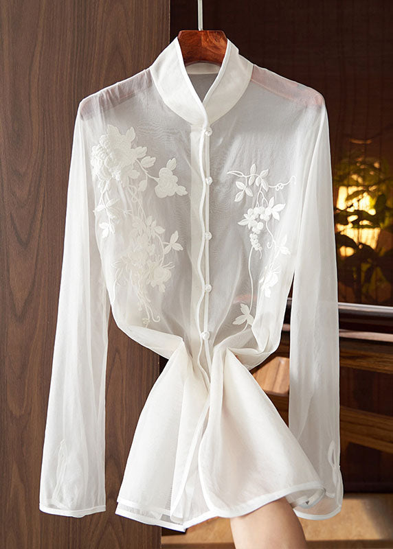 Chinese Style White Embroideried Button Patchwork Tulle Shirt Tops Long Sleeve Ada Fashion