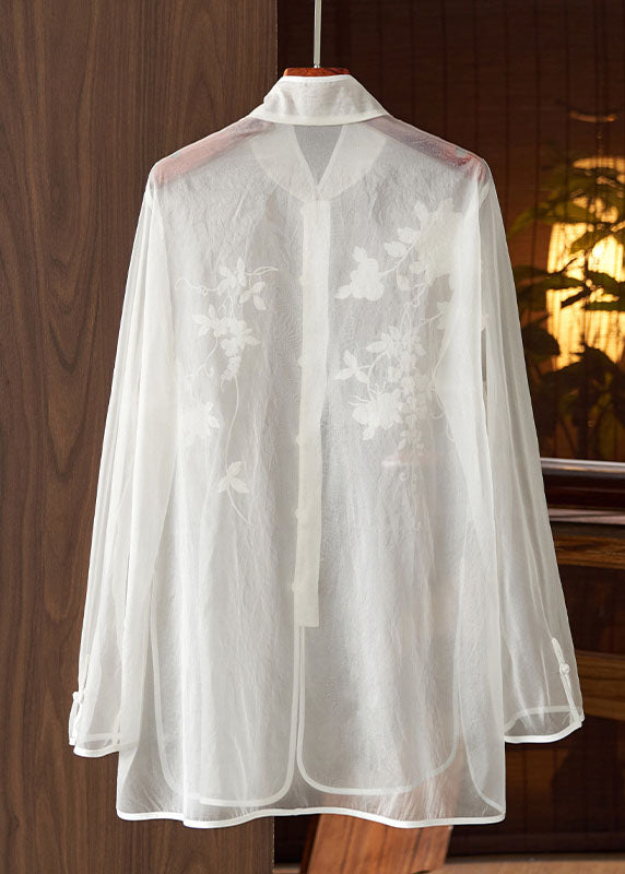 Chinese Style White Embroideried Button Patchwork Tulle Shirt Tops Long Sleeve Ada Fashion