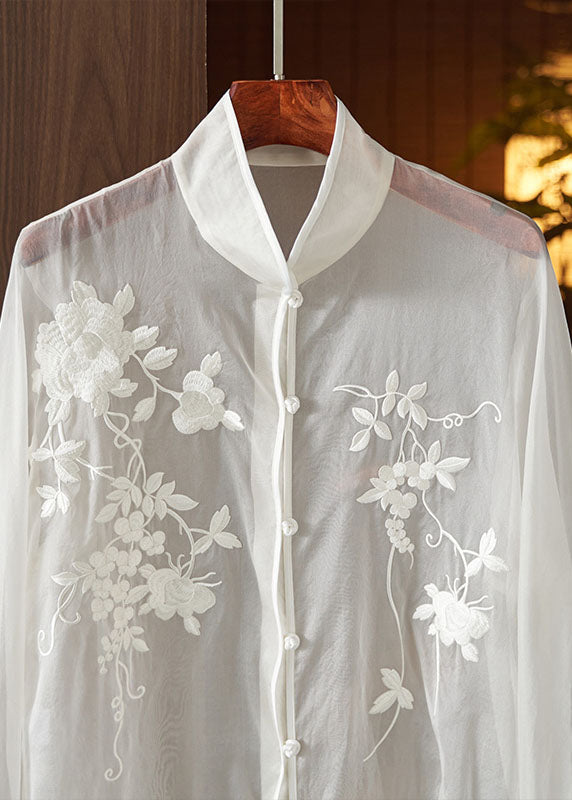 Chinese Style White Embroideried Button Patchwork Tulle Shirt Tops Long Sleeve Ada Fashion