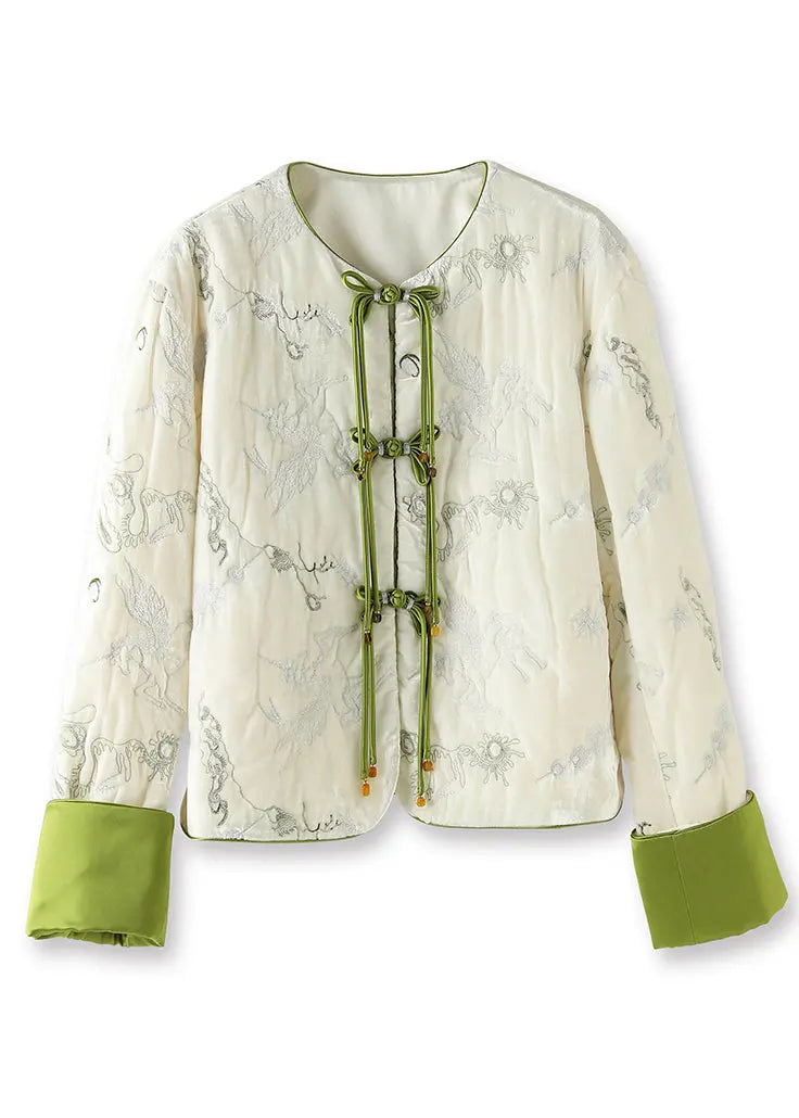 Chinese Style White Embroideried Button Silk Velour Parka Long Sleeve Ada Fashion