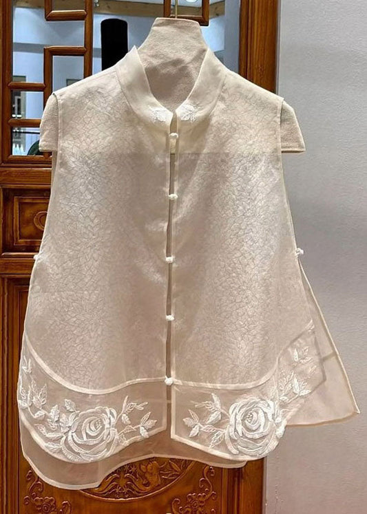 Chinese Style White Embroideried Patchwork Tulle Blouse Tops Sleeveless Ada Fashion