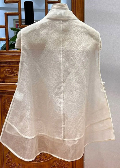 Chinese Style White Embroideried Patchwork Tulle Blouse Tops Sleeveless Ada Fashion