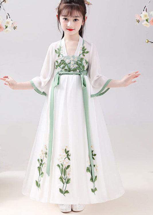 Chinese Style White Embroideried Tie Waist Patchwork Chiffon Kids Girls Dresses Summer Ada Fashion