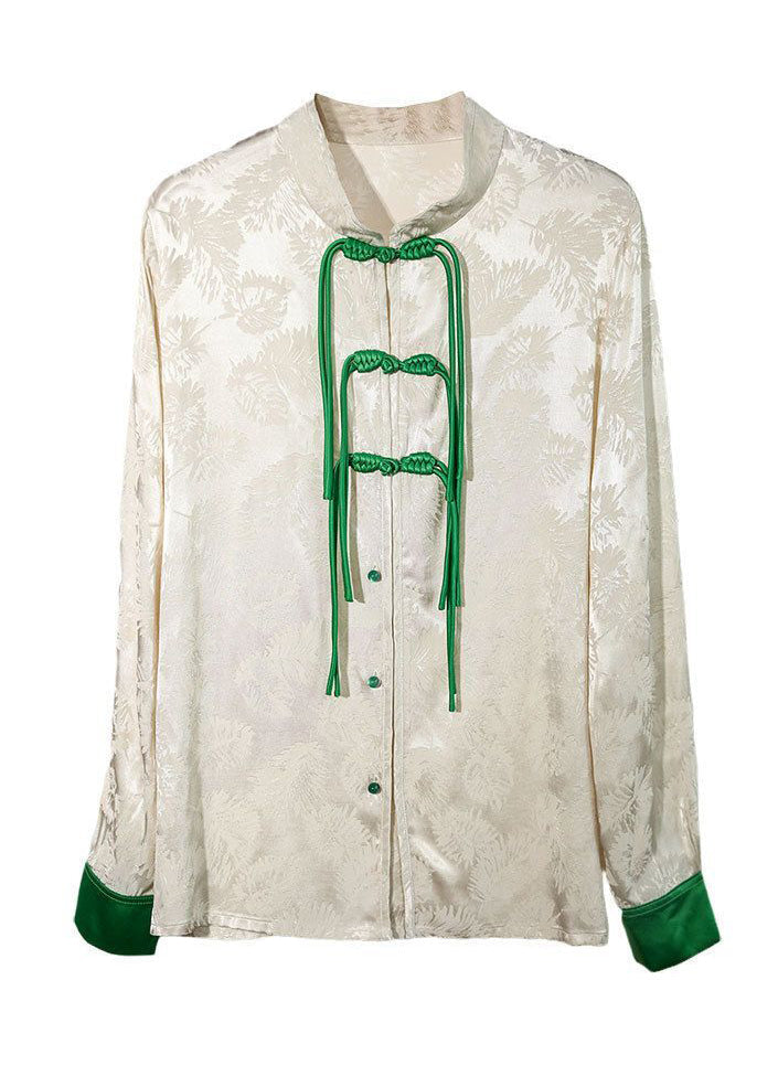 Chinese Style White Mandarin Collar Jacquard Tassel Silk Shirt Spring LY1007 - fabuloryshop